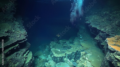 Underwater geological formations in a deep-sea vent.