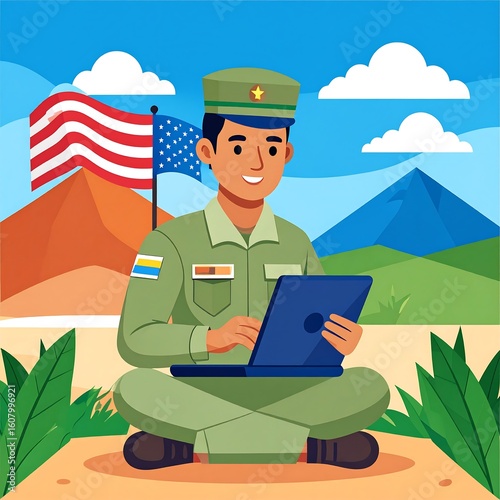 Soldier using laptop outdoors