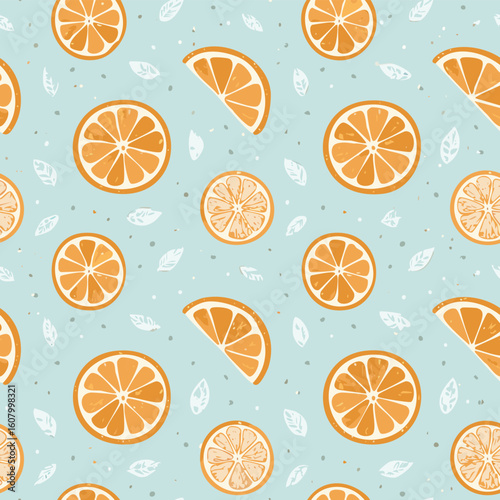 Seamless pattern of orange slices on a light blue background
