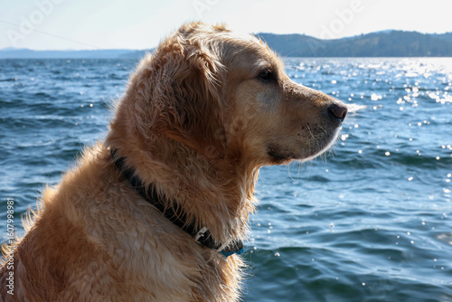 Cute golden retriever dog with wet fur on a dock after swimming in a lake. 