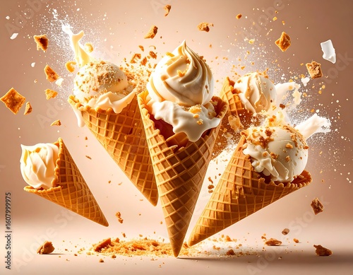 Ice cream cones in mid-air, exploding with toppings