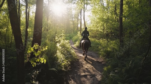 Person horseback riding on a forest trail.