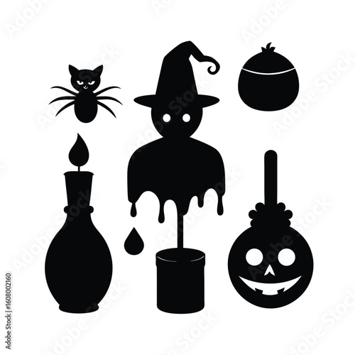 Comprehensive halloween icon bundle featuring potion bottles and spooky elements in a distinctive silhouette style