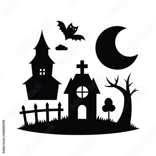 Spooky crooked house and fence for halloween night vector design silhouette