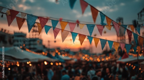 Colorful triangular flags hang over a vibrant outdoor market scene at sunset. Great for festival, celebration, and summer fair themed designs.