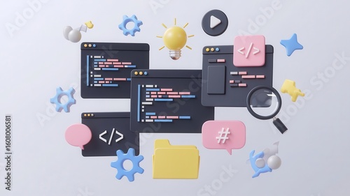 3D Rendering: Software Development, Programming, and Technology Concept