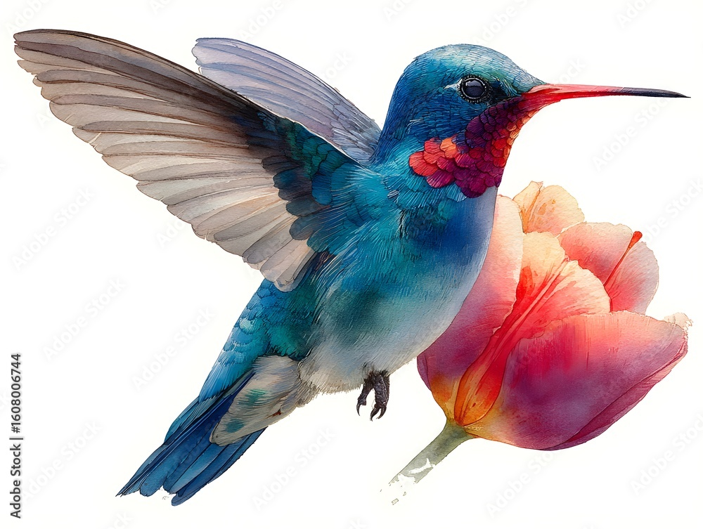 Obraz premium A vibrant watercolor hummingbird gracefully hovers near a delicate pink tulip blossom on white background.