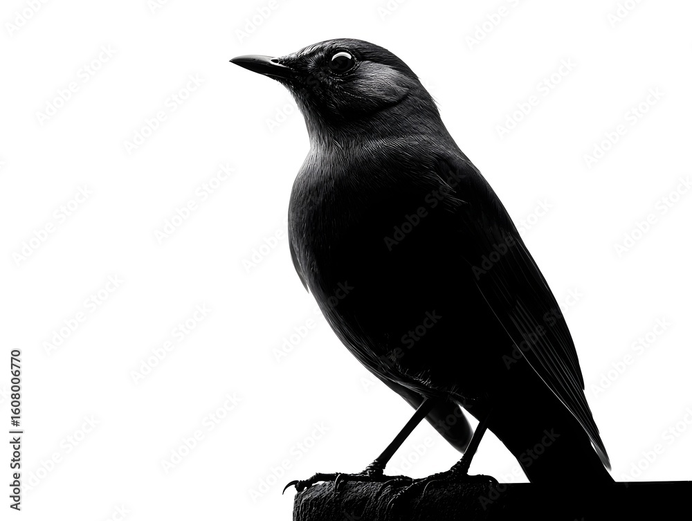 Fototapeta premium A black bird sits perched on a ledge silhouetted against a bright white background looking up intently.