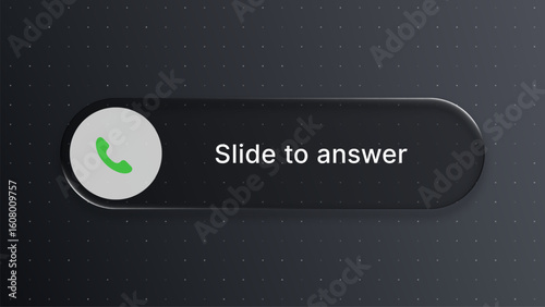 Slide to answer incoming call button on a dark background. Glassmorphism user interface element for smartphone interaction. Liquid glass black vector.
