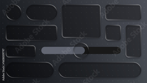 Set of black liquid glass elements. UI UX mobile app design. Modern website interface. Futuristic graphic user interface.