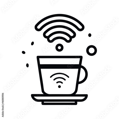 Art of a coffee cup with wifi signal emanating from it