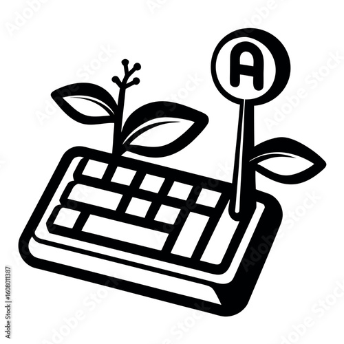 Art of a computer keyboard sprouts new growth and a sign with the letter a