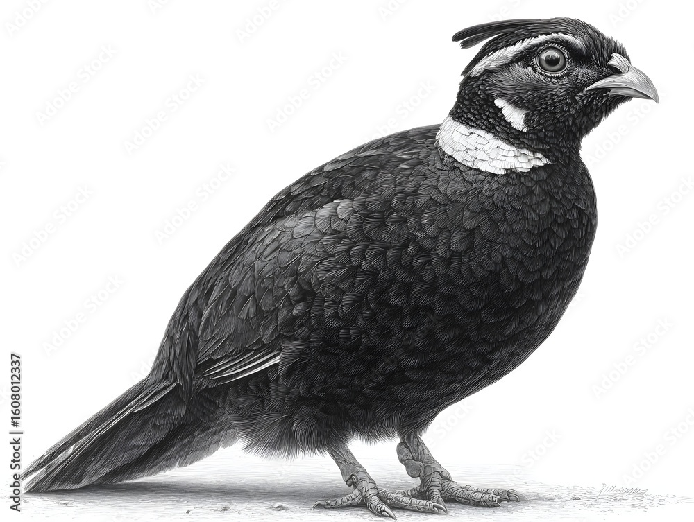 Fototapeta premium Detailed pencil drawing depicts a mountain quail with striking black and white markings and subtle textures.
