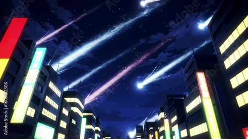 Night city skyline ablaze with vibrant meteor shower streaks.
