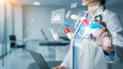 Female Doctor Interacting with Holographic Medical Data and Capsules in Hospital