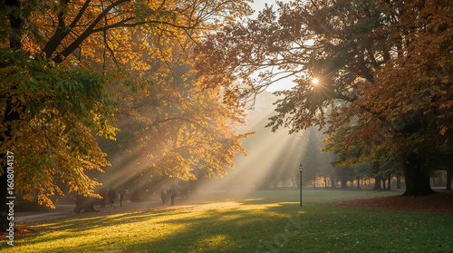 Fototapeta Naklejka Na Ścianę i Meble -  Sunbeams pierce through autumn trees, illuminating a park scene with golden light and people walking. A tranquil, picturesque fall day.