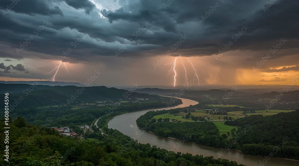 Obraz premium A dramatic thunderstorm illuminates the sky with multiple lightning strikes over a winding river and lush green valley, creating an awe-inspiring natural spectacle.