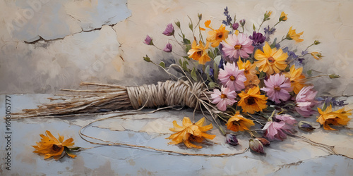 Elegant Wildflower Bouquet Painting with Rope Tied Stems