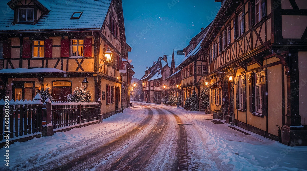 Fototapeta premium A picturesque street lined with charming half-timbered houses is covered in a blanket of snow, illuminated by warm, inviting streetlights as snow gently falls.