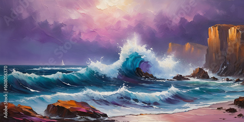Vibrant Ocean Waves Crashing Against Rocks at Sunset Painting