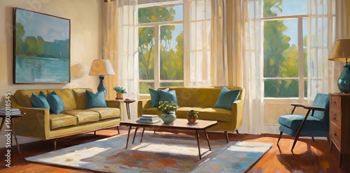 Sunny Mid-Century Modern Living Room Interior Painting with Yellow and Blue Decor