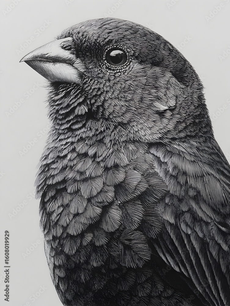 Fototapeta premium Intricate ink drawing presents a close-up view of a detailed black bird with soft light on its plumage.