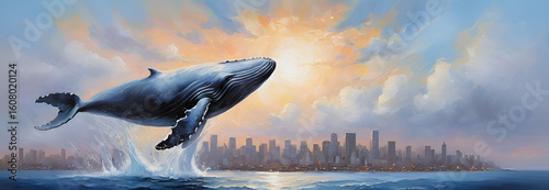 Whale Breaching with Cityscape at Sunset