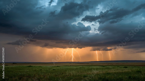 Dramatic lightning strikes illuminate a stormy sky over a vast, green landscape. Intense weather creates a powerful and awe-inspiring natural spectacle.