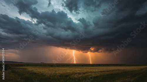Powerful lightning strikes illuminate a stormy sky over a golden field at dusk, showcasing the raw energy of nature.