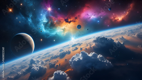 Cinematic view of deep space clouds with sparkling clusters and colorful ionized gases.