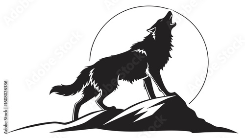 Silhouette of a howling wolf standing on a rocky peak against a backdrop of a full moon circle