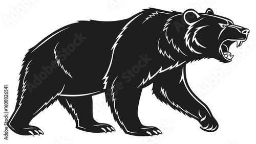 Illustration of a black bear walking with mouth open and showing teeth in a threatening manner