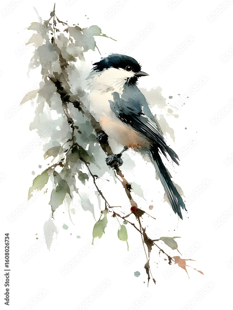 Obraz premium A watercolor painting depicts a black capped chickadee perched gracefully on a delicate tree branch artfully.