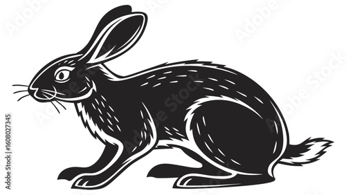 Black and white illustration of a rabbit in profile with long ears and short tail looking left