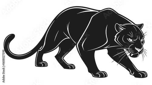 Illustration of a sleek black panther prowling with a focused gaze and poised for action in monochrome style
