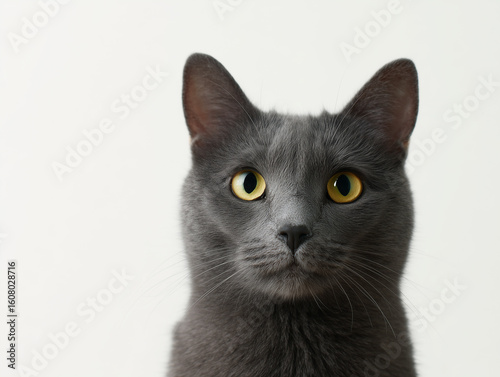 Gray Cat Face with Yellow Eyes on White Background
