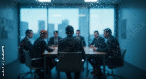 Photo of a business team is having a meeting in a conference room, as seen through a blurred and textured glass window
