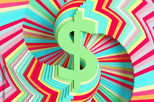 Colored dollar sign with glitch effect on purple background. 3d rendering illustration