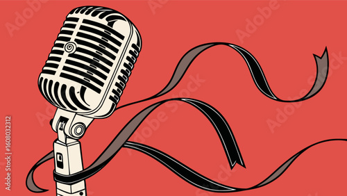 Vintage microphone with ribbon for podcast and radio broadcast