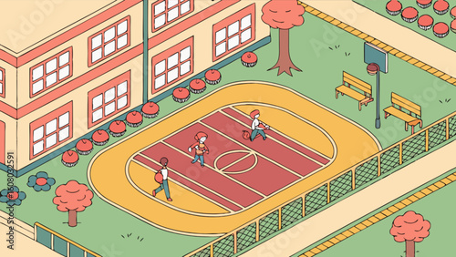 Isometric school campus with students on basketball court art