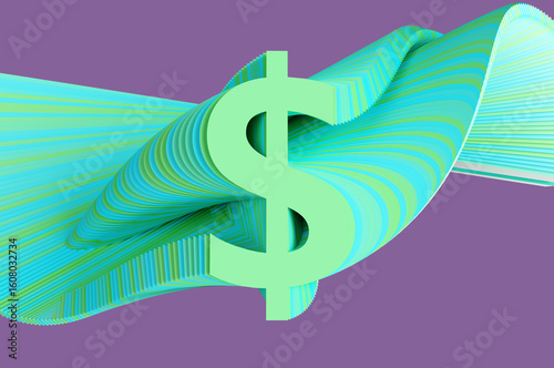 Green dollar sign with glitch effect on purple background. 3d rendering illustration