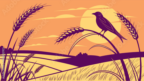 Bird on wheat field at sunset vector landscape illustration