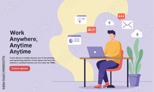 Flat Illustration Of A Man Sitting With Laptop Surrounded By Messages And Notifications, Ideal For Social Media And Remote Work