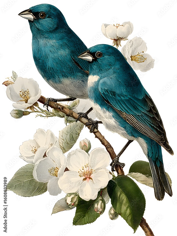 Obraz premium Two vibrant blue birds perch on a branch adorned with delicate white blossoms, a beautiful nature scene.