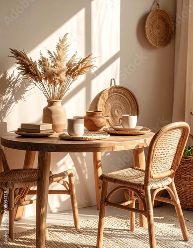Cozy dining area featuring warm tones, natural decor, and sunlight streaming in.