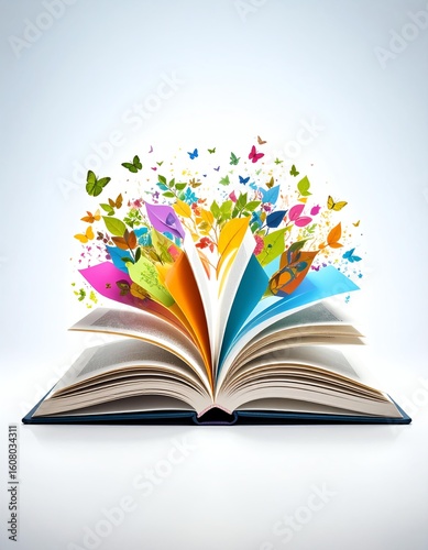 An open book releasing colorful butterflies and flowers, symbolizing creativity.