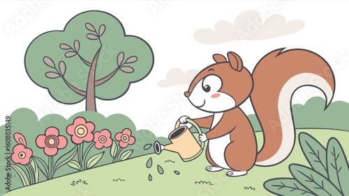 Cute squirrel watering flowers in garden cartoon illustration