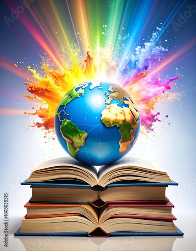 An artistic representation of knowledge, showcasing a globe atop open books.