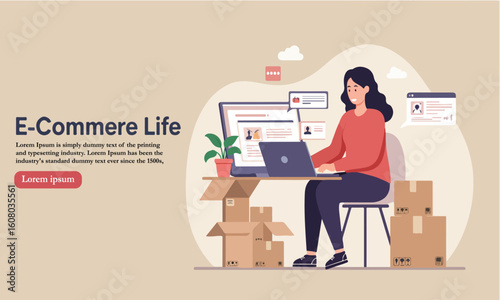 Flat Illustration Of A Woman Standing Next To Laptop And Packages, Ideal For E-Commerce, Retail, And Branding Purposes