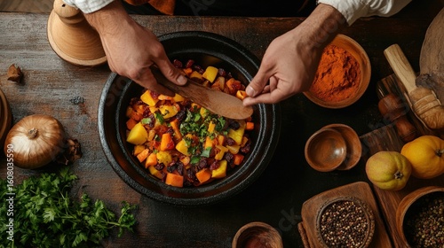 Colorful vegetables being stirred in a cooking pot.